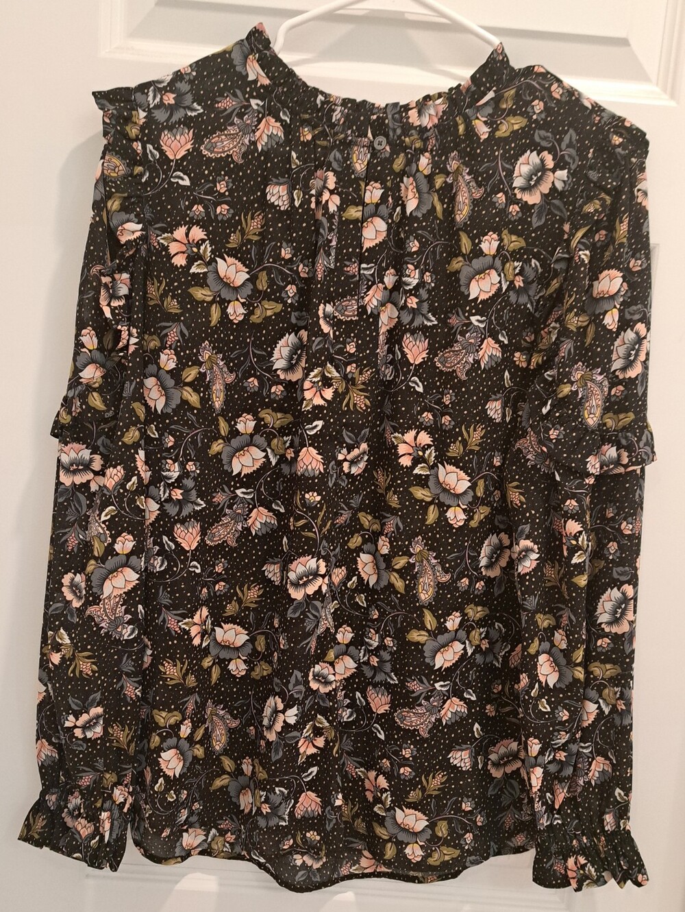 LOFT Black Floral Ruffle-Neck Long-Sleeve Blouse